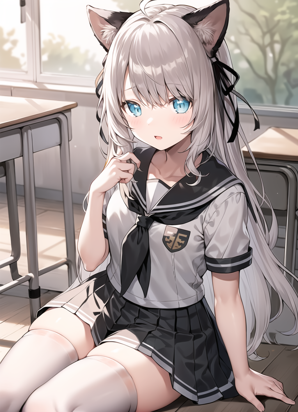 00766-2820588159-_lora_薄绿原皮_0.6_,1girl, outdoors,blue eyes, grey hair, hair ribbon,black ribbon, long hair, bangs ,animal ears,cat ears,ahoge,(sc.png